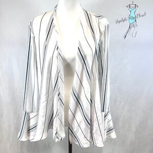 White and teal green striped long bell sleeve open front blazer top size large